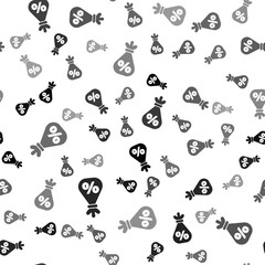 Naklejka premium Black Money bag with percent icon isolated seamless pattern on white background. Cash Banking currency sign. Vector Illustration.