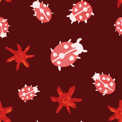 Watercolor seamless pattern. Ladybugs and suns. Design for textile, packaging, wallpaper. Children's drawing.
