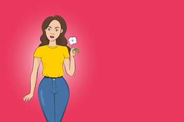 Girl hold flower in her hand. Greeting card with copy space. Vector illustration.