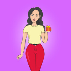 Woman hold giftbox in her hand. Vector illustration.