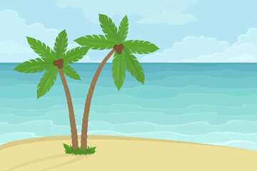 Fototapeta na wymiar Coconut palm on sand beach. Cartoon. Vector illustration.