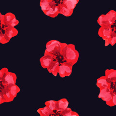 Watercolor seamless pattern. Red poppies on a dark background.