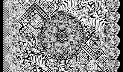 ethnic bandana print with ornamental border. Vintage textile collection.