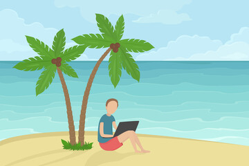 Freelancer sitting under coconut palms and working on laptop. Vector illustration.