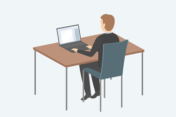 Man sitting at table and typing on laptop. Vector illustration.