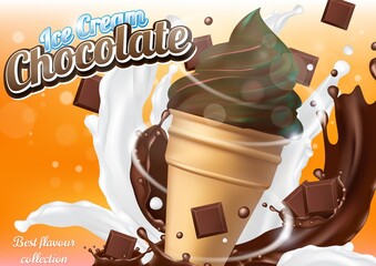 Chocolate ice cream cone dessert vector realistic illustration