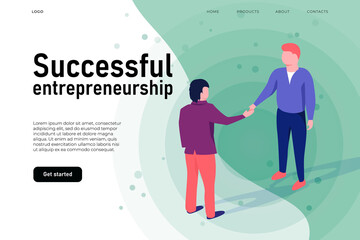 Successful entrepreneurship illustration concept, successful start up landing page teamplte. Two men shake hands.