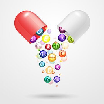 Vitamin complex pharmaceutical capsule vector realistic illustration