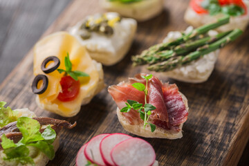 Set of different mini canapes served on a wooden board. Catering finger food.