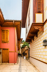 Colorful historical Kaleici Houses view in Antalya City.