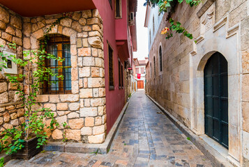 Colorful historical Kaleici Houses view in Antalya City.