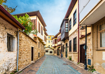 Colorful historical Kaleici Houses view in Antalya City.
