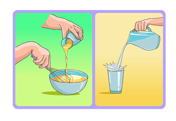Mixing eggs, batter or milk for pancakes or cake, Pouring milk