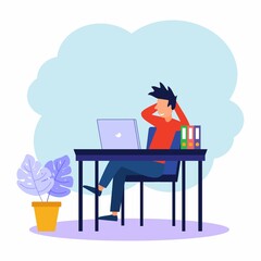 A business man is working with his laptop. Modern office interior with a cozy atmosphere in the background. Vector illustration.