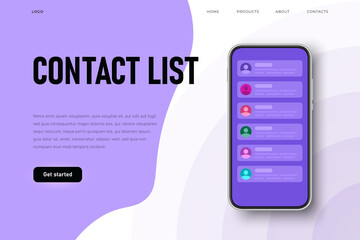 Contact list webpage template, list of contacts on the phone screen. Flat style