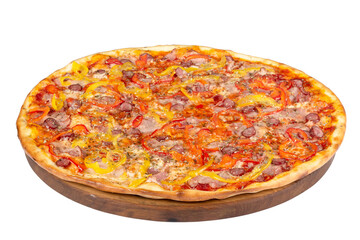 tasty homemade pizza on a wooden board. italian food isolated on the white background