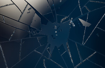 Broken glass on a blue background. Shattered glass.  Sharp pieces of glass, 3d  render