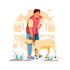vector illustration of portrait of male character carrying a goat, for eid al-adha mubarak, flat design concept
