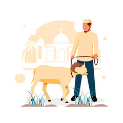 vector illustration of portrait of male character carrying a goat, for Eid al-Adha mubarak, flat design concept