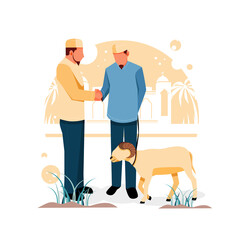 vector illustration of two male portraits of a deal to buy a goat, for eid al-adha mubarak, flat design concept
