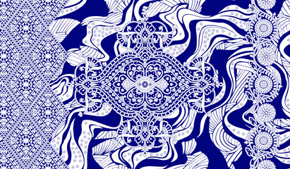ethnic bandana print with ornamental border. Vintage textile collection.