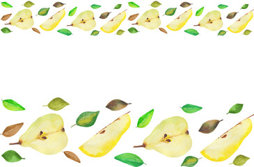 Seamless handmade watercolor fruit border witn pears and leaves