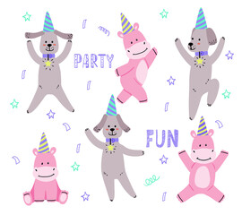 Set with funny animals in different poses in holiday hats. Hippo and dog on holiday. Collection for greeting cards, child decor and clip art. Cartoon vector illustration .