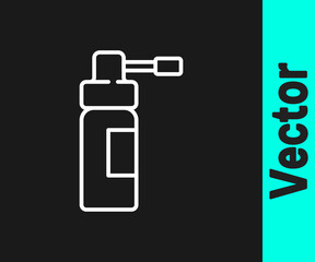 White line Medical bottle with nozzle spray for the treatment of diseases of the nose and throat icon isolated on black background. Vector Illustration.