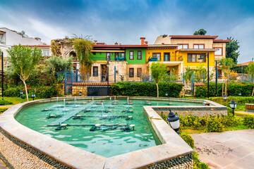 Colorful historical Kaleici Houses view in Antalya City.