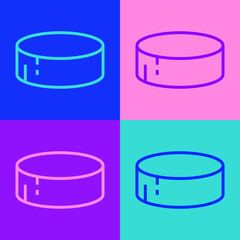 Pop art line Hockey puck icon isolated on color background. Sport equipment. Vector Illustration.