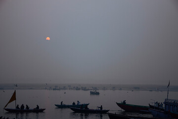 Boats on the river ganges of Varanasi. Indian lifestyle, travel and tourism