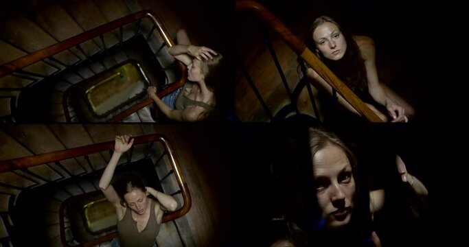 young woman on stair in stairwell of old building, drama mood, collage