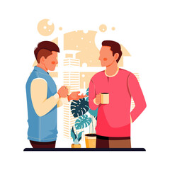 vector illustration of a character portrait of two people talking during a break, flat design concept