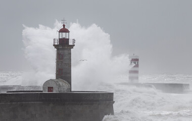 10 Meters Big Waves over the "Felgueiras" Lighthouse in Oporto, Portugal.