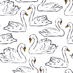 Vector seamless pattern with hand drawn swans on white background. Hand drawn elegant illustration great for fabric or wallpaper.