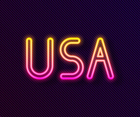 Glowing neon line USA label icon isolated on black background. United States of America. Vector Illustration.
