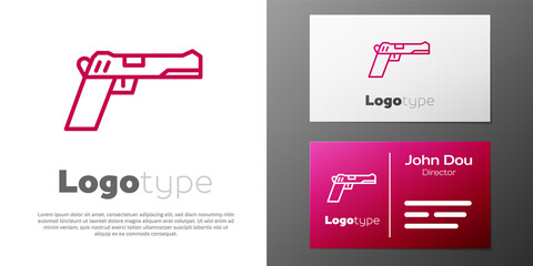 Logotype line Pistol or gun icon isolated on white background. Police or military handgun. Small firearm. Logo design template element. Vector Illustration.