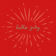 Hello July hand lettering with orange sunburst lines