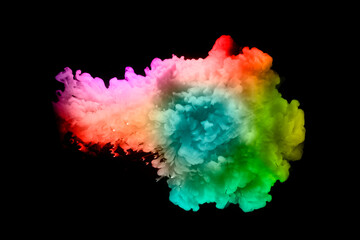 Colorful paint drops from above mixing in water. Ink swirling underwater. on background black