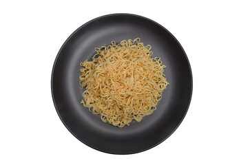 Instant noodles in black dish isolated on a white background.