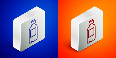 Isometric line Bottle of water icon isolated on blue and orange background. Soda aqua drink sign. Silver square button. Vector Illustration.
