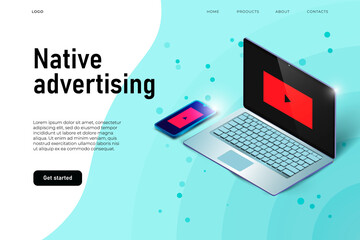 3d laptop and isometric smartphone showing a native advertisign, landing page concept,