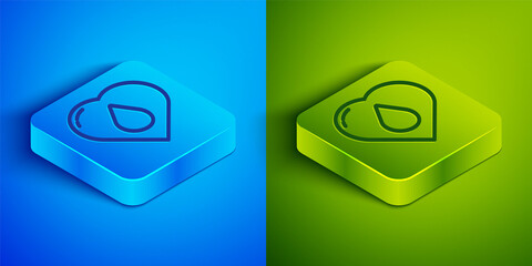 Isometric line Heart with water drop icon isolated on blue and green background. Square button. Vector Illustration.