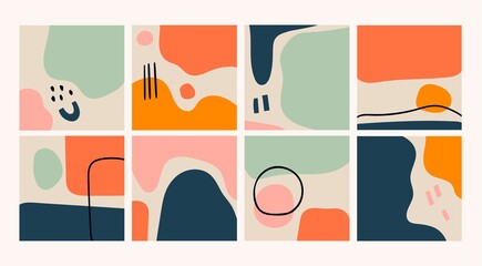 Various Abstract Backgrounds, wallpapers. Different Shapes and doodle objects. Hand drawn Vector set. Trendy illustration. Perfect for textile prints. Every background is isolated 