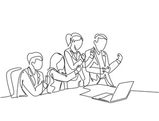 One single line drawing of young happy business man and business woman celebrate their success to deal a new business contract. Business meeting concept continuous line draw design vector illustration