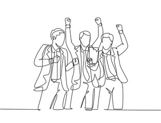 One continuous line drawing of young startup founders and CEO raised their fist into the air to celebrate their success got fund from investor. Business concept single line draw design illustration