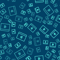 Green line Notebook icon isolated seamless pattern on blue background. Spiral notepad icon. School notebook. Writing pad. Diary for school. Vector Illustration.