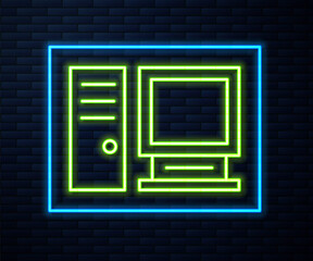 Glowing neon line Computer monitor icon isolated on brick wall background. PC component sign. Vector Illustration.