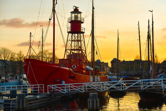 Willemsoord, Den Helder, the Netherlands - May 2020. Old lightship at the former shipyard Willemsoord in the port of Den Helder 