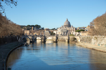 Obraz premium View to St. Peter cathedral of Vatican from the Umberto I bridge, Rome, Italy